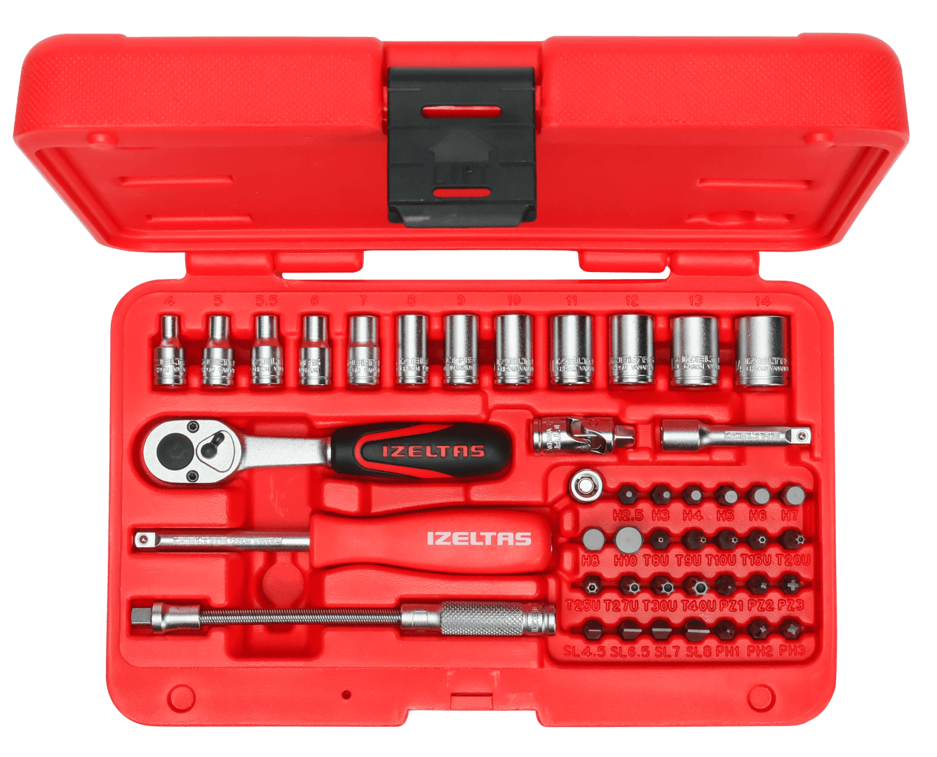 İzeltaş 1/4″ Socket Wrench 6 Points and Bits Set (45 Pcs, mm)