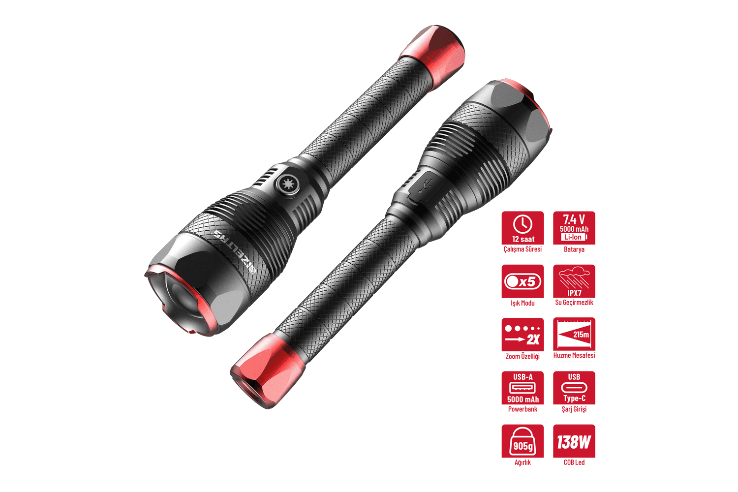 İzeltaş 12000 LM Pro Cob Led Flashlight With Zoom (Big Size)