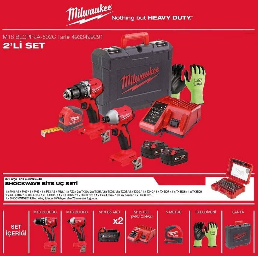 Milwaukee M18 BLCPP2A-502C 2'li Set (BLDDRC + BLIDRC)
