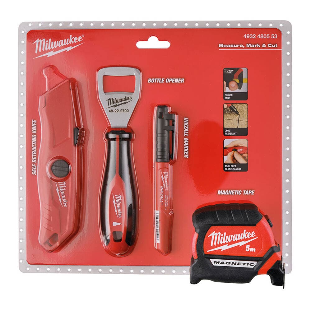 Milwaukee 5 m Şerit Metre + Maket Bıçağı + Marker Kalem + Şişe Açacağı Set